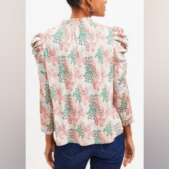LOFT Floral Cinched Sleeves Split Tie Neck Relaxed Fit Top, Small, Multicolor - Picture 3 of 11